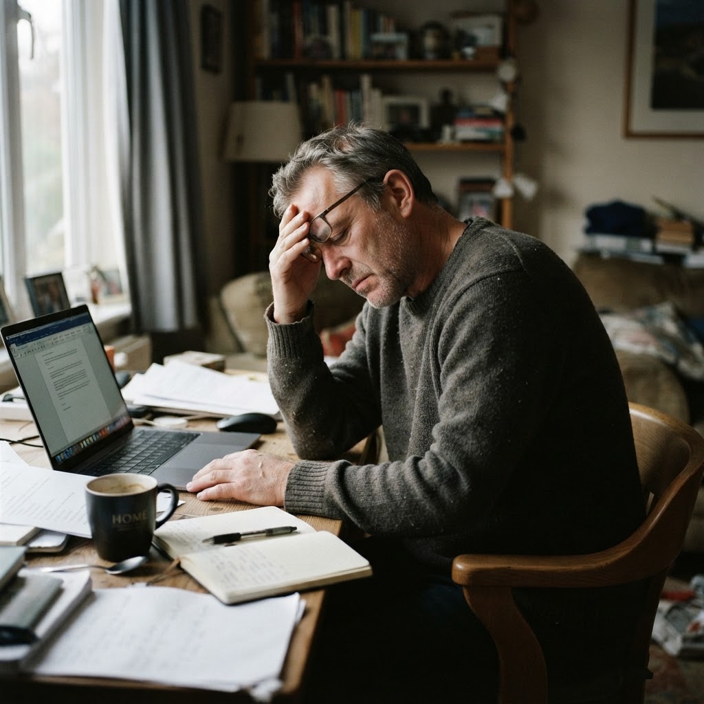 Tired middle-aged man drained at his desk in the afternoon