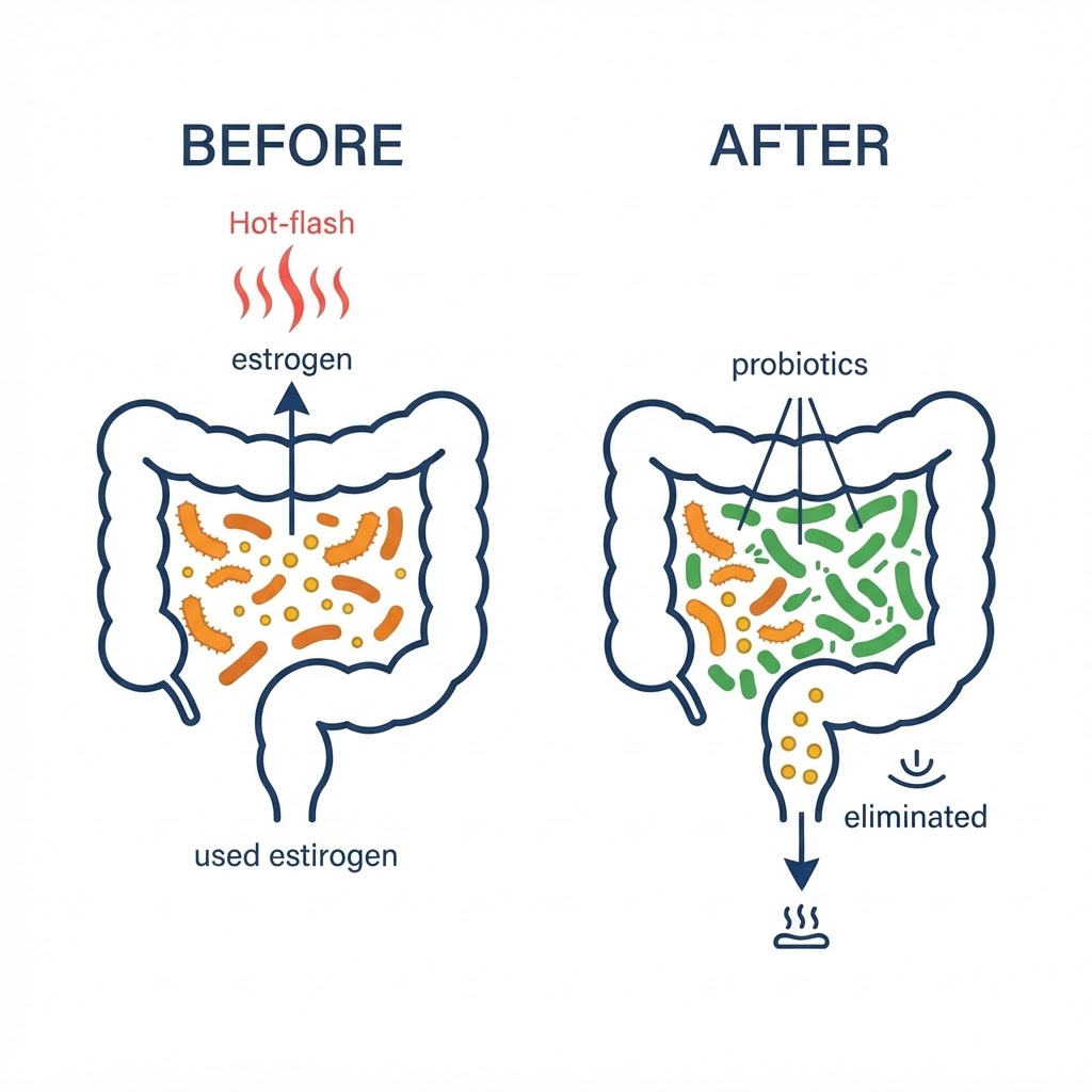 Phase 1 estrobolome reset: probiotics crowd out estrogen-recycling gut bacteria so used estrogen is eliminated instead of recycled back into the bloodstream