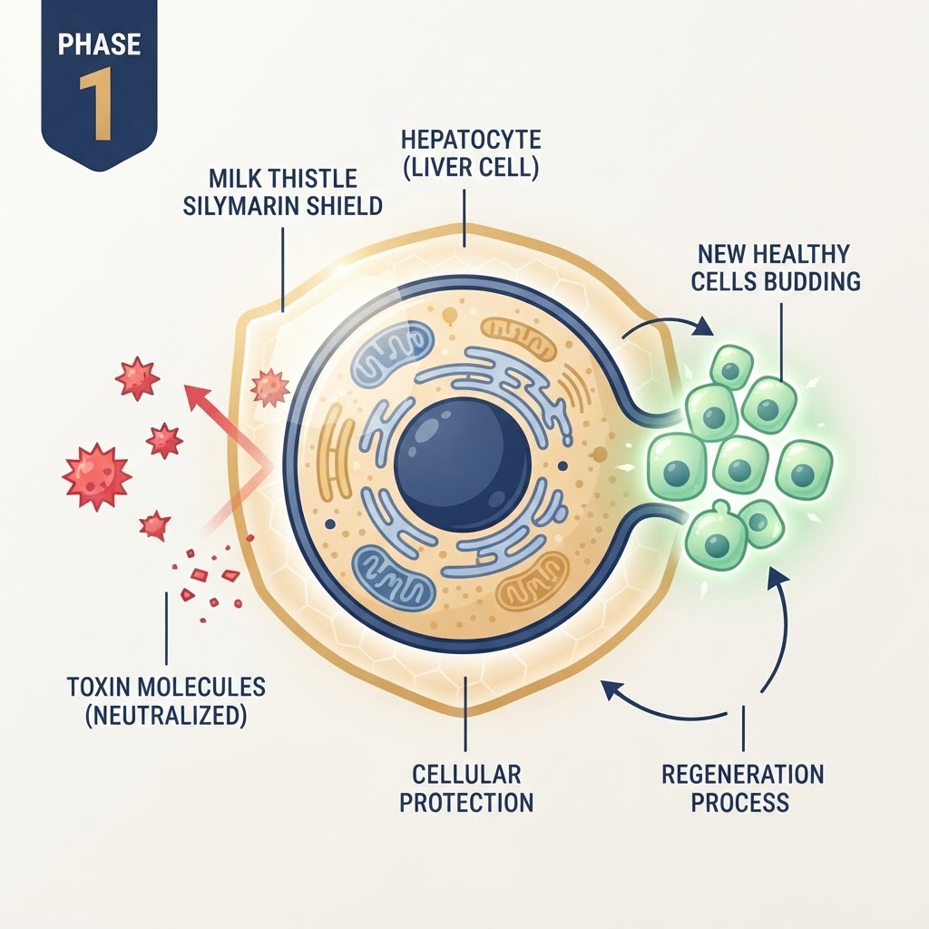 Phase 1 Toxin Trap Flush diagram: Milk Thistle silymarin shields liver cell membranes from toxin molecules while new liver cells regenerate