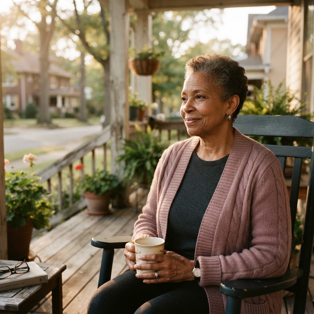 An older African American woman relaxing outdoors on a porch in warm afternoon light