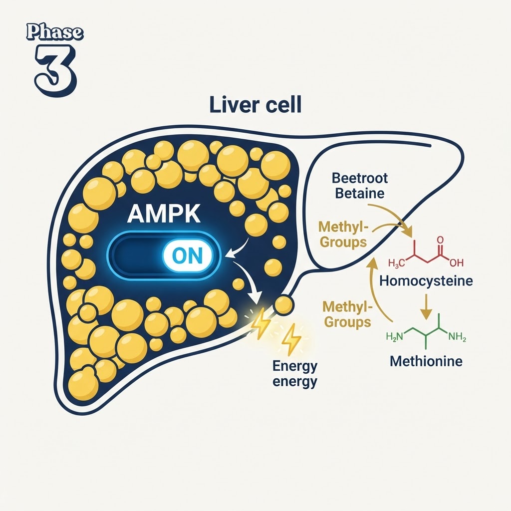 Phase 3 Liver Fat Clear diagram: Berberine flips the AMPK switch on and beetroot betaine fuels methylation so fat leaves liver cells