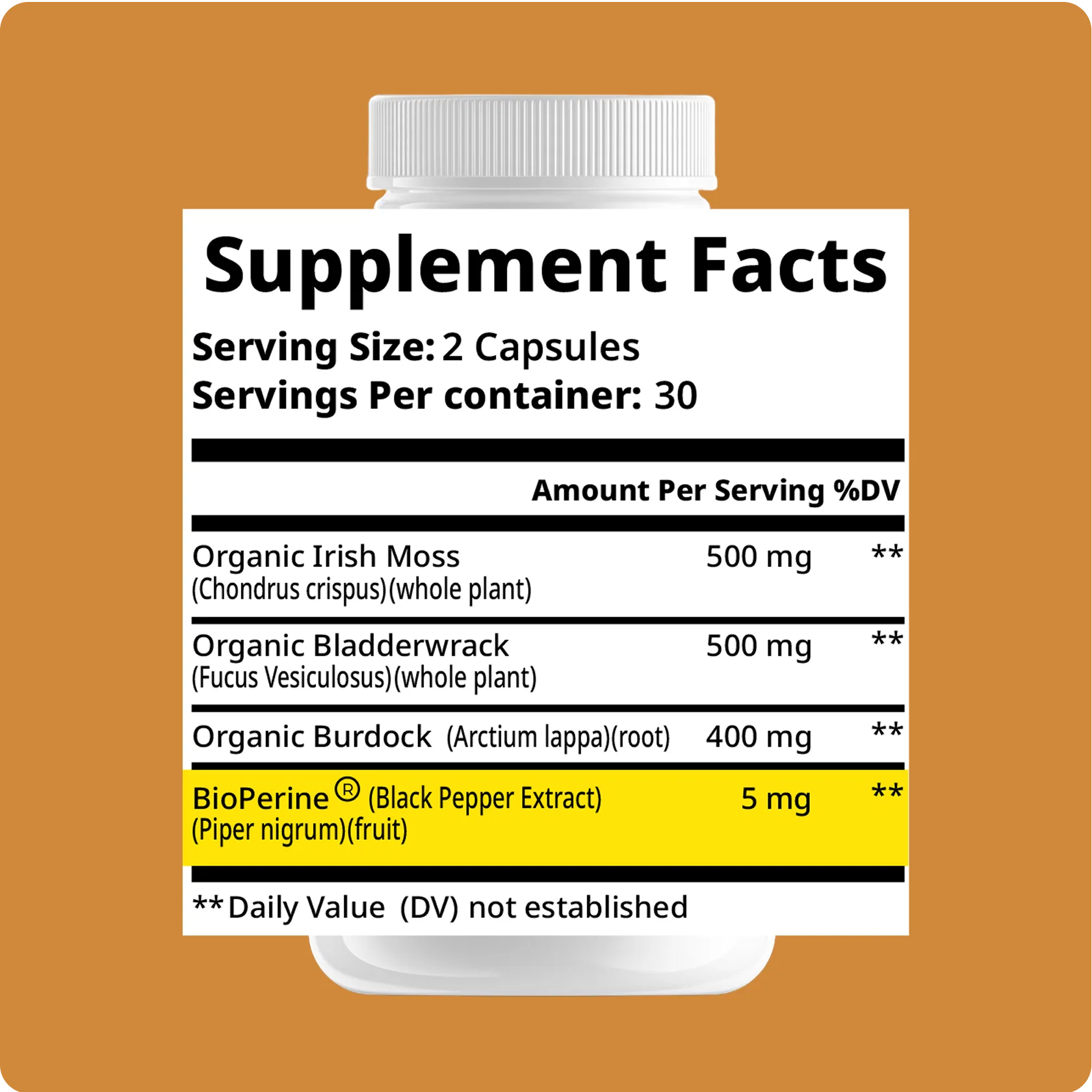 Sea Moss+ Supplement Facts panel, full ingredient list and dosages