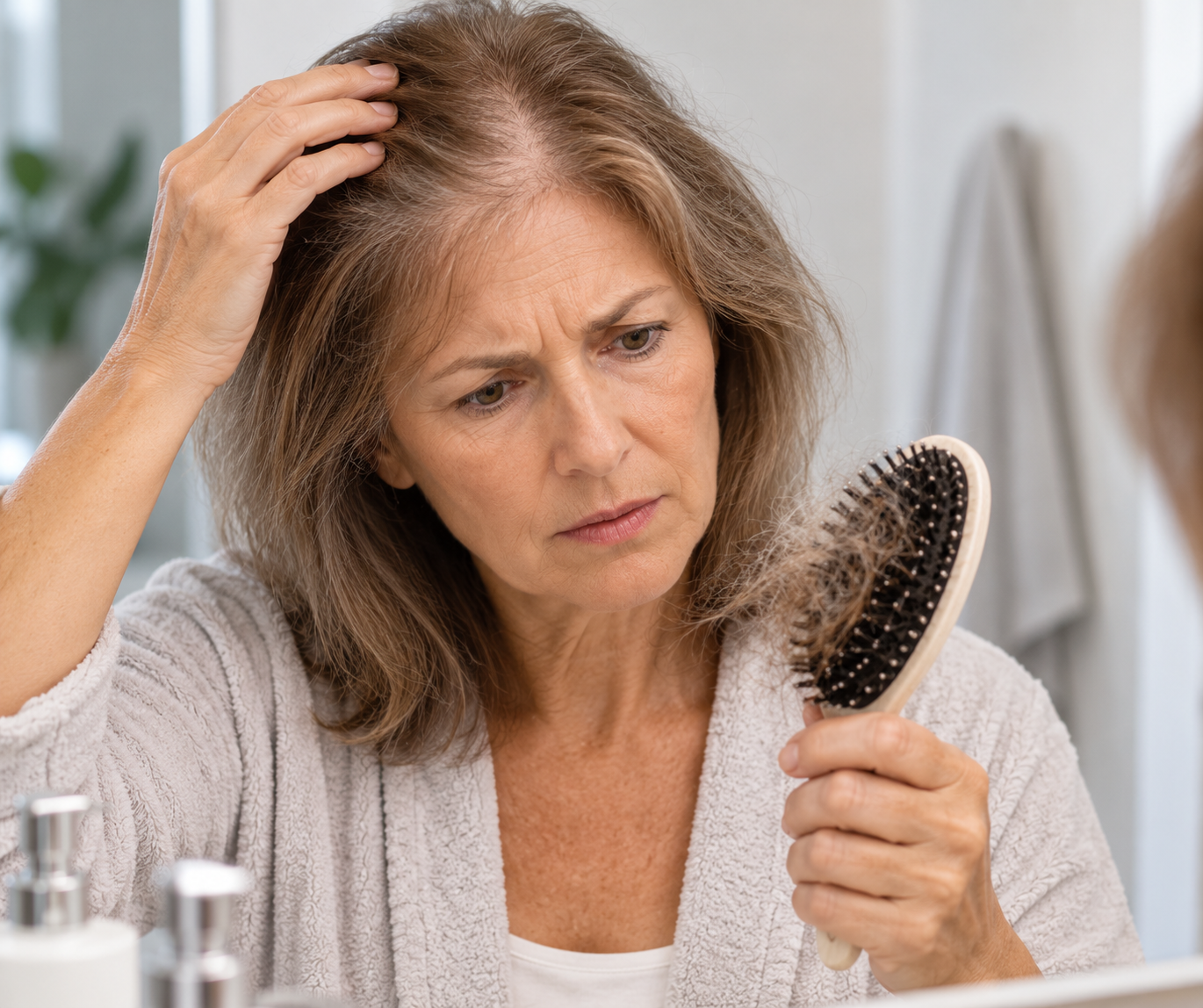 A woman inspecting her hair and noticing thinning, a common sign of changing nutritional needs after 50