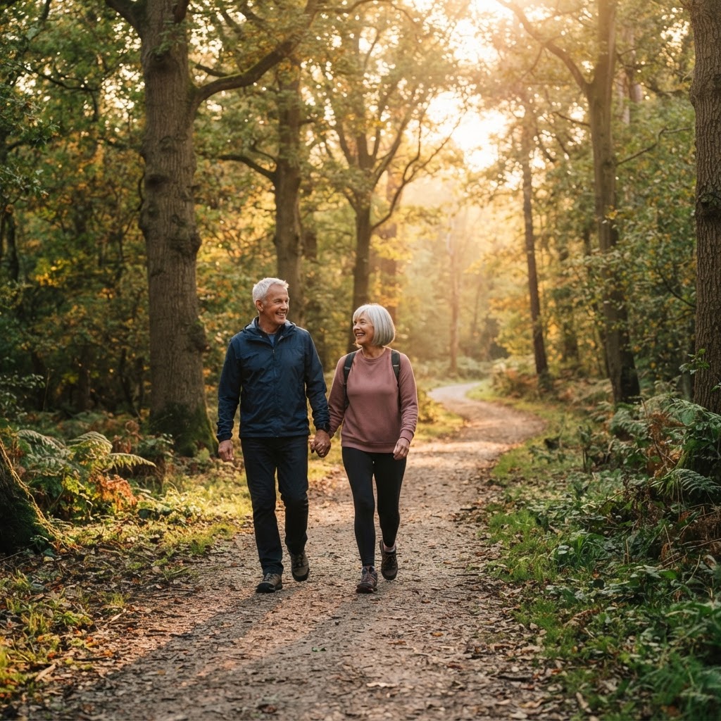 Older couple on a gentle morning walk at sunrise