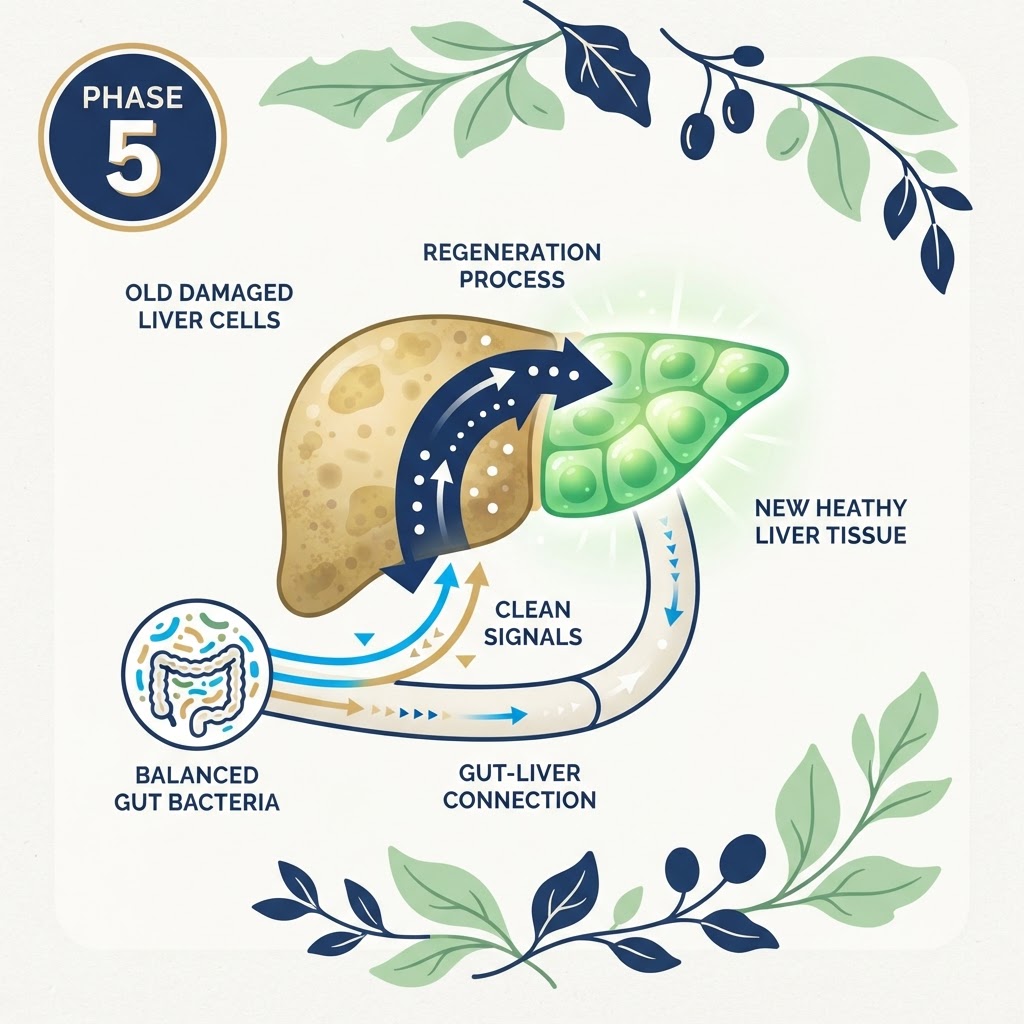 Phase 5 Regeneration Spark diagram: chicory, phyllanthus, jujube and burdock restore the gut-liver axis and grow fresh liver cells