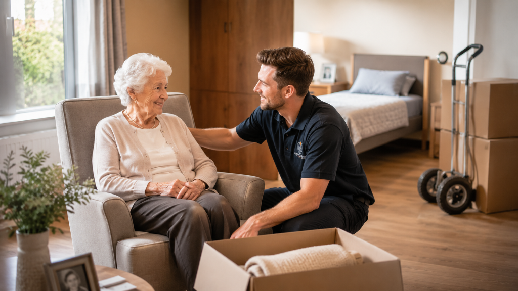 Medewerker helpt senior in verzorgingstehuis