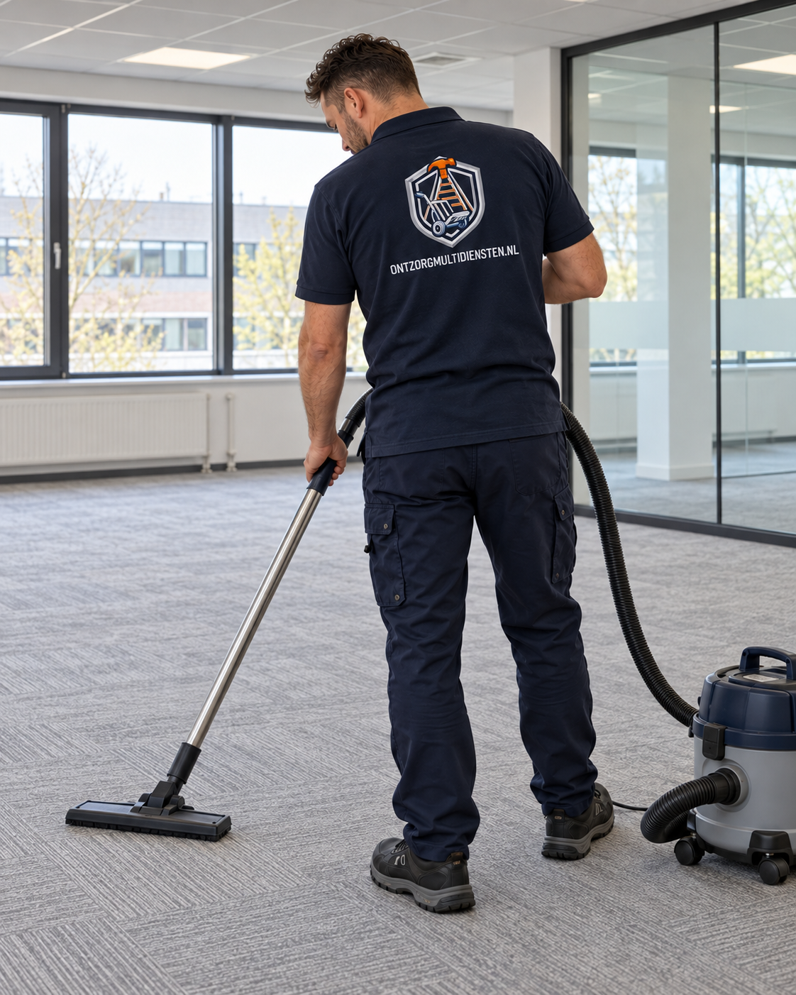 Medewerker van Ontzorg Multidiensten maakt kantoorruimte bezemschoon