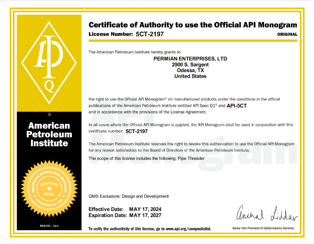 API 5CT Certification - Certificate of Authority to Use the Official API Monogram