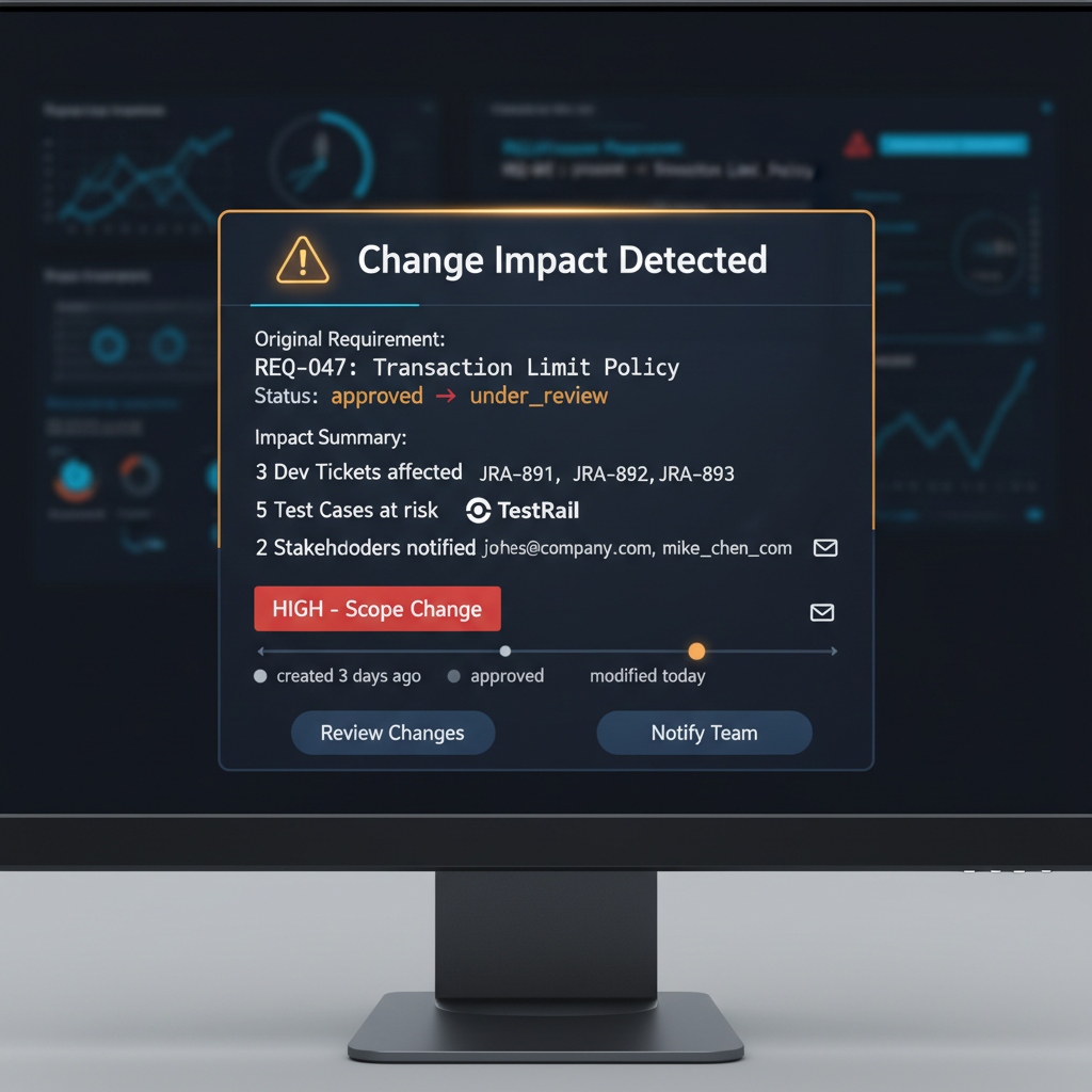 Requirements impact assessment showing affected dev tickets, test cases and notified stakeholders