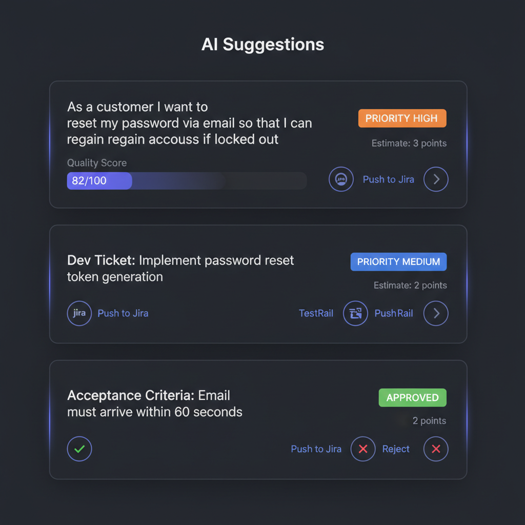 AI requirement checker panel showing quality assessment and generated dev tickets and test cases