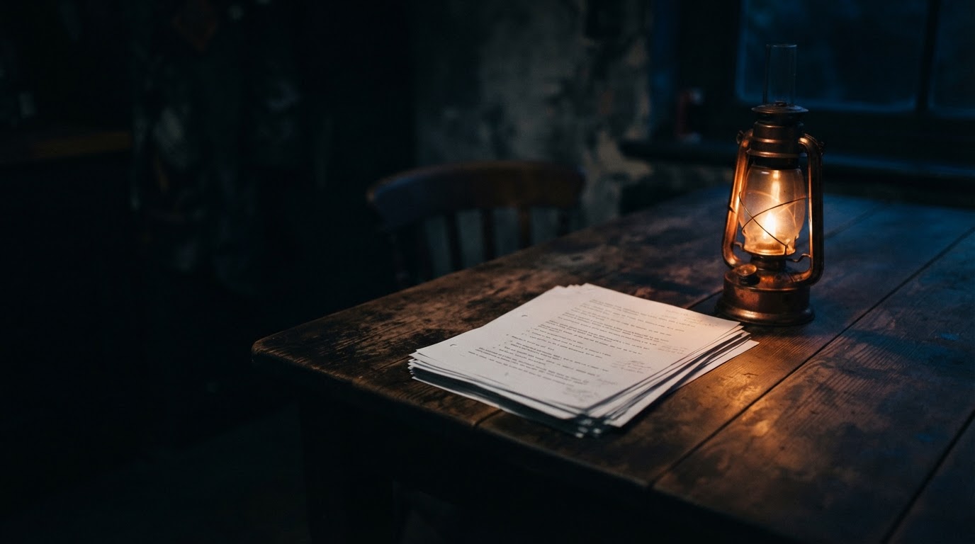Manuscript on a kitchen table under a lit lamp at night