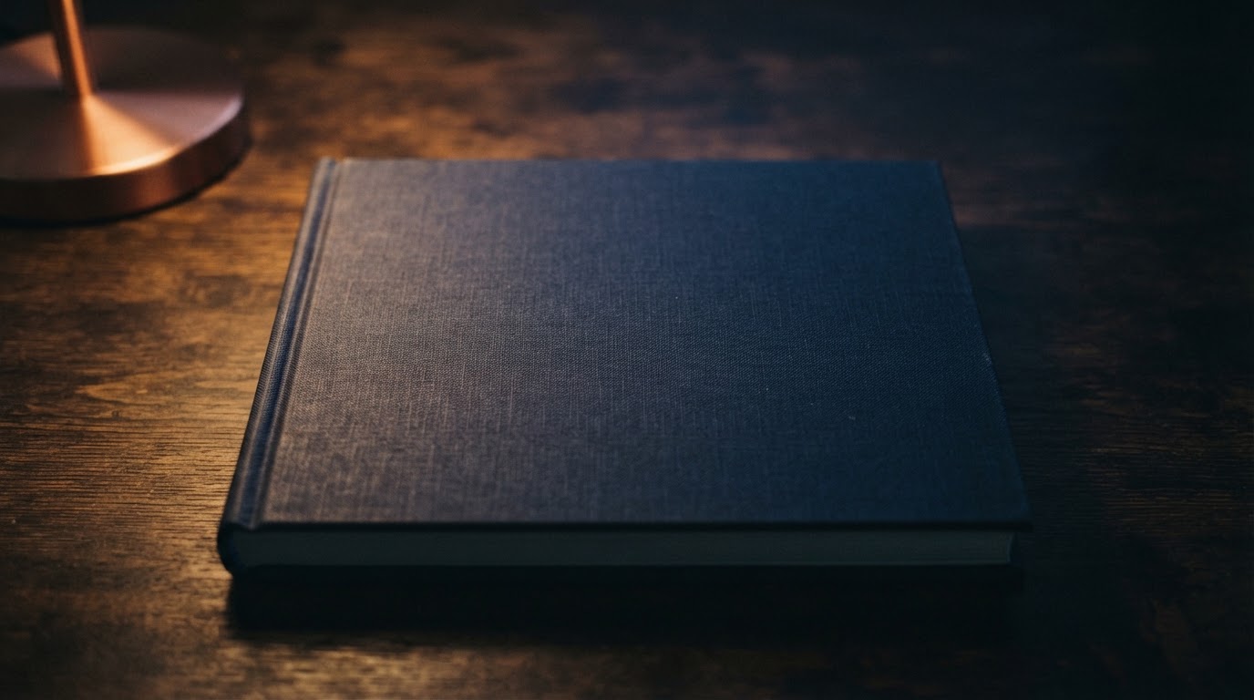 A closed finished book on a wooden table