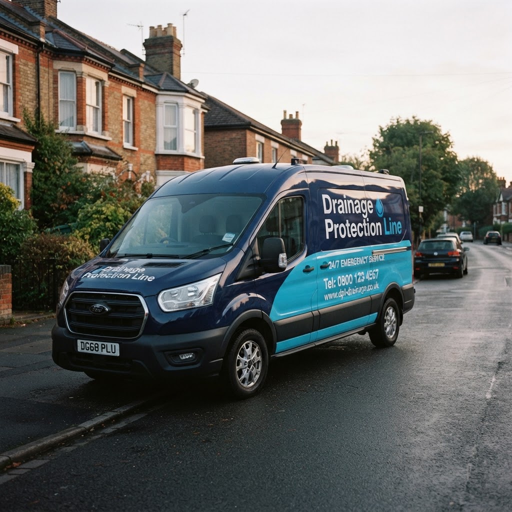 Drainage Protection Line branded drainage van with an engineer on a UK residential street