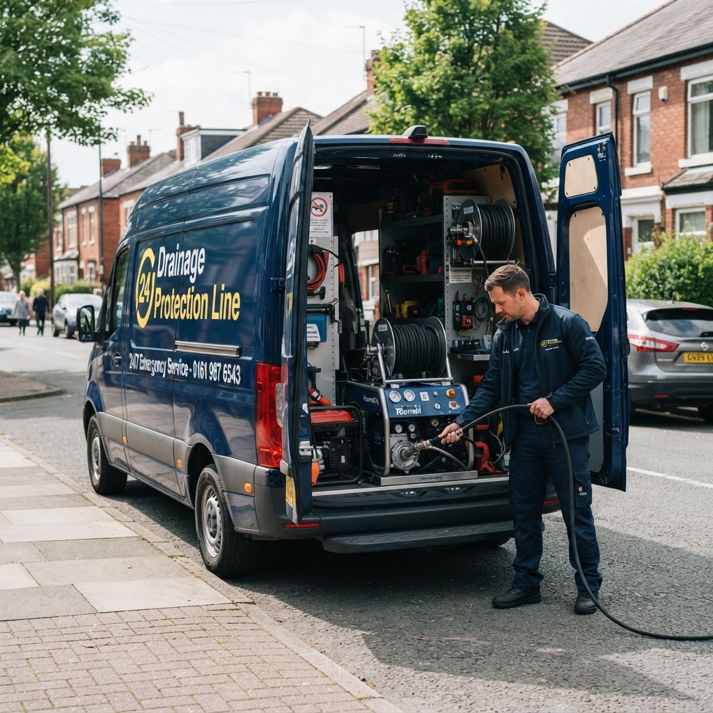 Drainage Protection Line van with equipment and engineer preparing tools