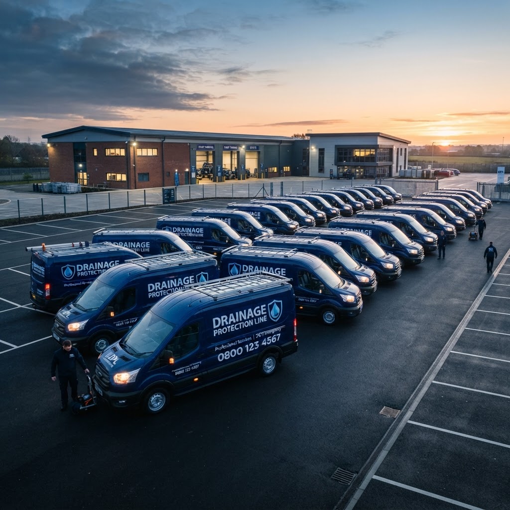 Fleet of Drainage Protection Line branded vans at a depot at dawn