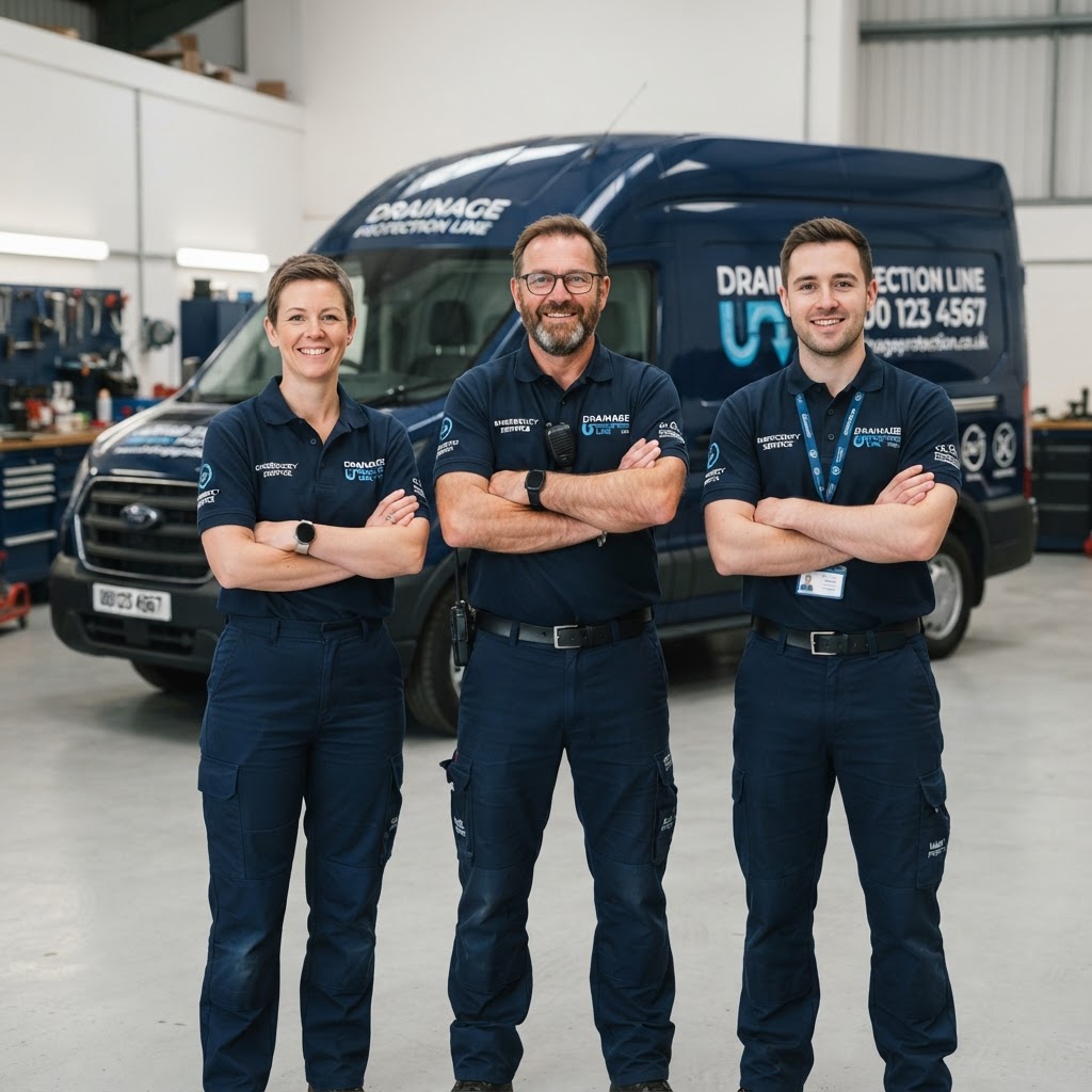 Drainage Protection Line engineers in branded uniforms