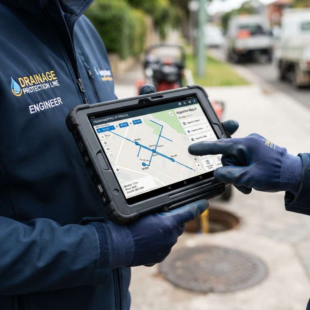 Drainage Protection Line engineer using a tablet for drain mapping