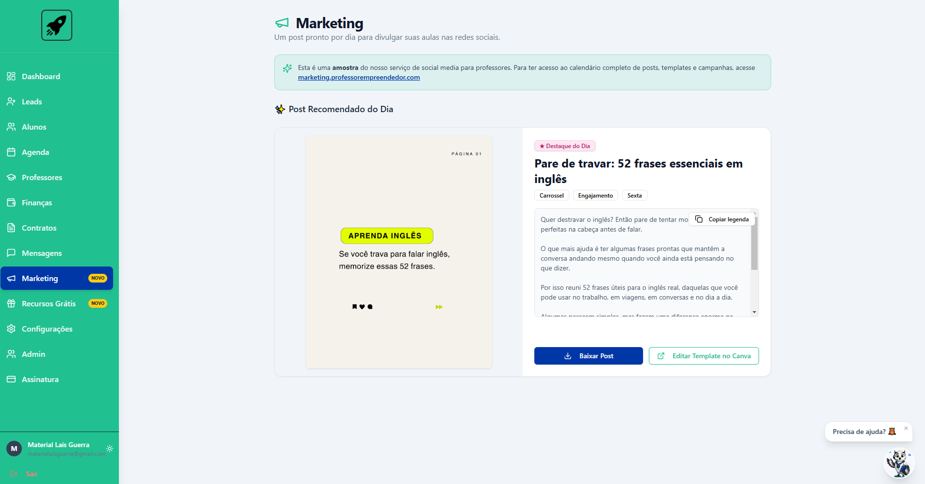 Módulo de Marketing do Prof Empreendedor com post pronto do dia