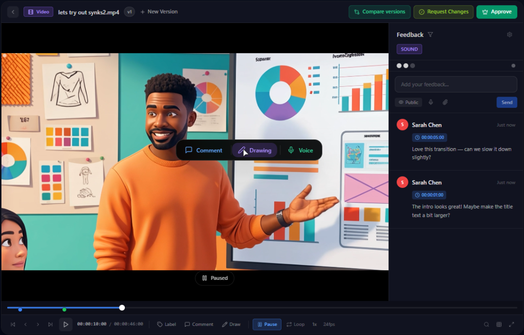 Video review tool with timestamped annotations in Synks