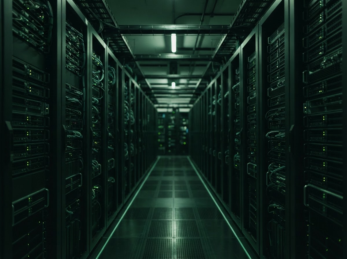 Data centre corridor in deep green light