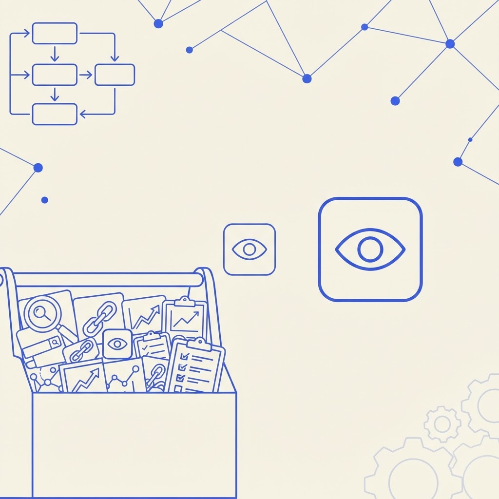 Minimalist editorial illustration on a cream background with blue accents showing the same small AI-visibility icon in two contexts: nested as one tile among many inside a large, crowded SEO toolbox, and standing alone as its own clean, focused, standalone product, symbolizing Operato AI's dedicated AI visibility platform versus Semrush's AI Visibility Toolkit as one add-on module inside a broader SEO suite.
