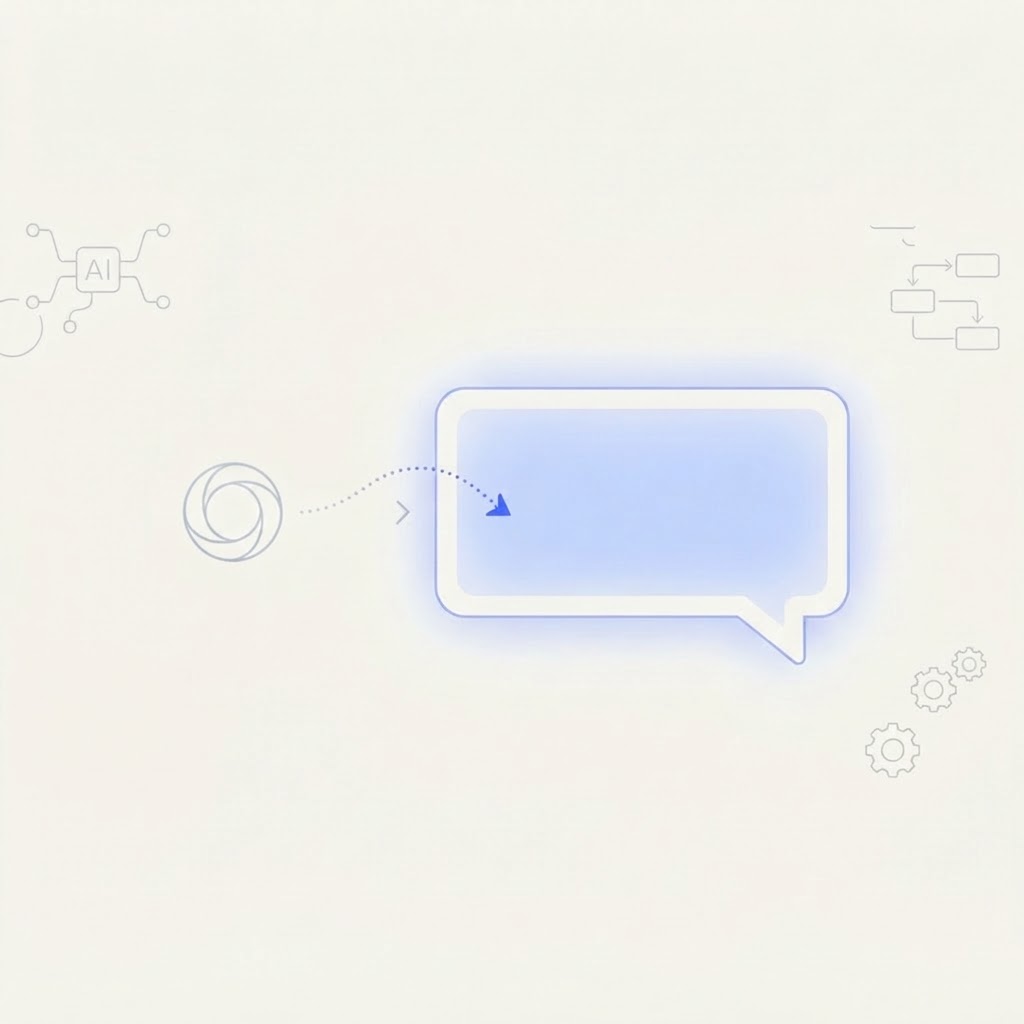 A minimalist editorial illustration showing a faint brand icon being drawn from outside into a glowing AI chat answer bubble, surrounded by AI-agent nodes, workflow flowcharts, and automation gears, symbolizing a brand becoming visible in AI-generated answers.