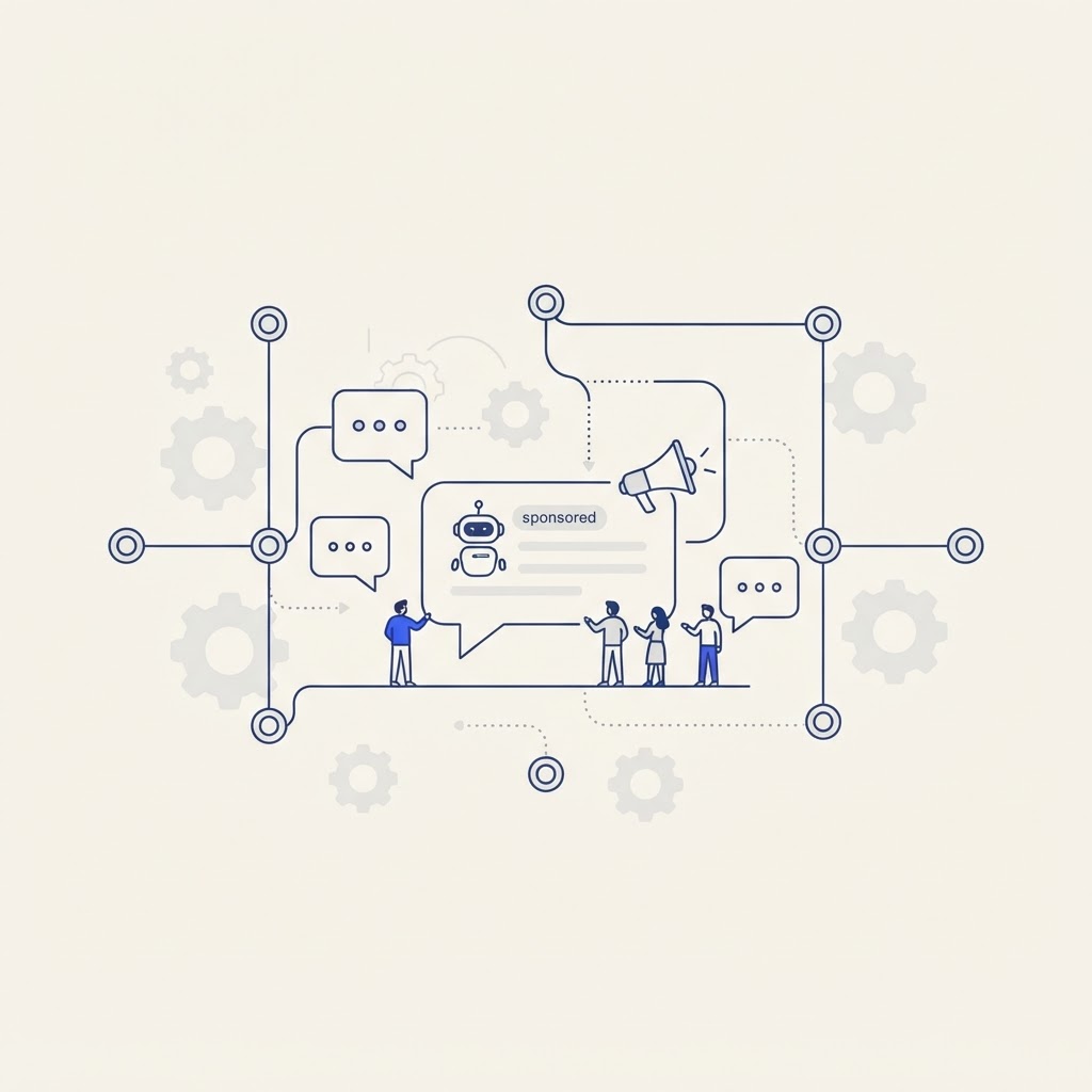 Minimalist editorial illustration on a cream background with blue linework showing a network of AI-agent nodes, workflow flowcharts, and automation gears, with a conversation bubble motif representing ChatGPT ads and sponsored conversational agents, symbolizing paid in-chat brand interactions alongside organic AI visibility.