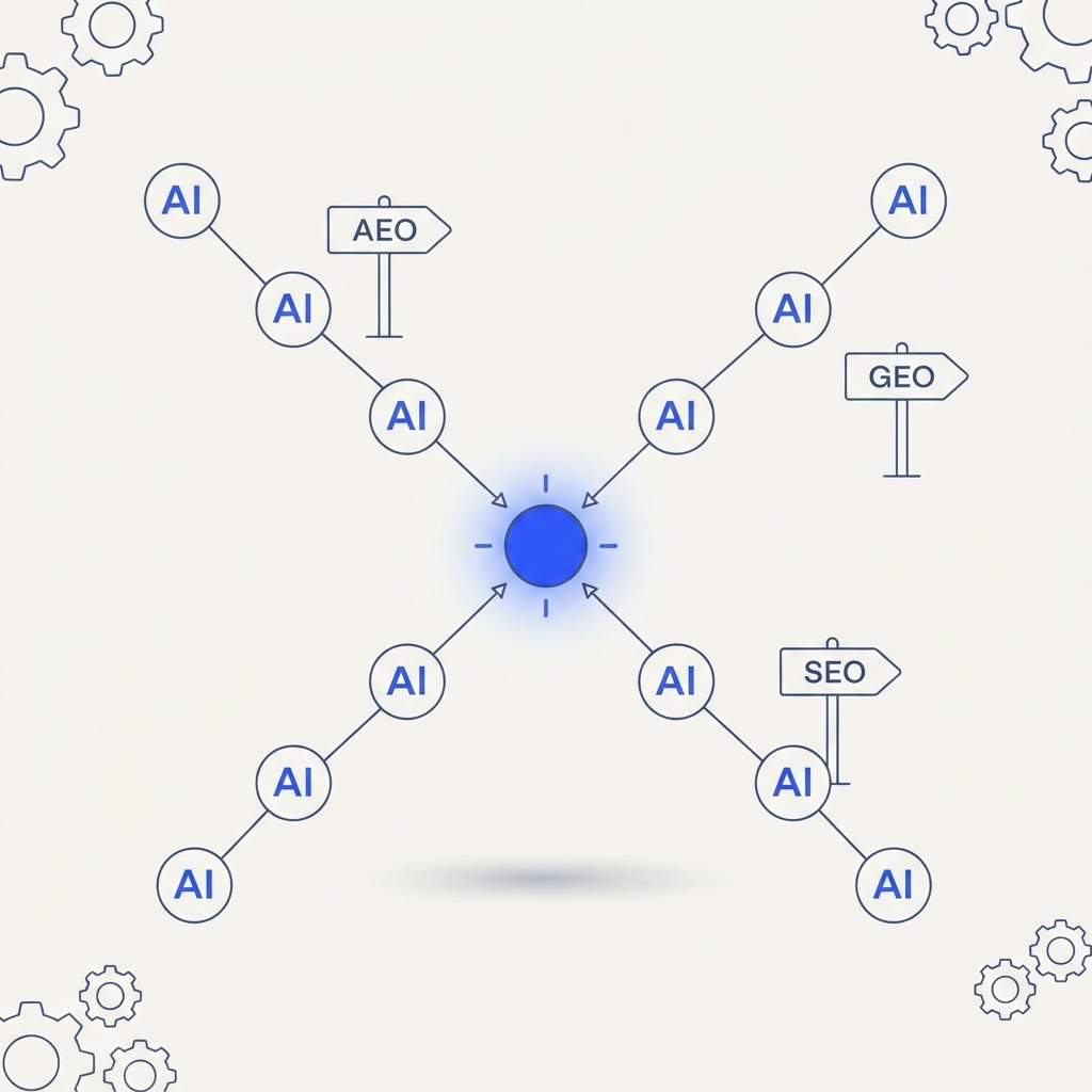 Illustration éditoriale minimaliste de trois panneaux indicateurs nommés AEO, GEO et SEO convergeant vers un seul nœud de réponse lumineux, symbolisant comment l'Answer Engine Optimization, le Generative Engine Optimization et le référencement classique renvoient au même travail de fond pour rendre le contenu exploitable par les agents IA.
