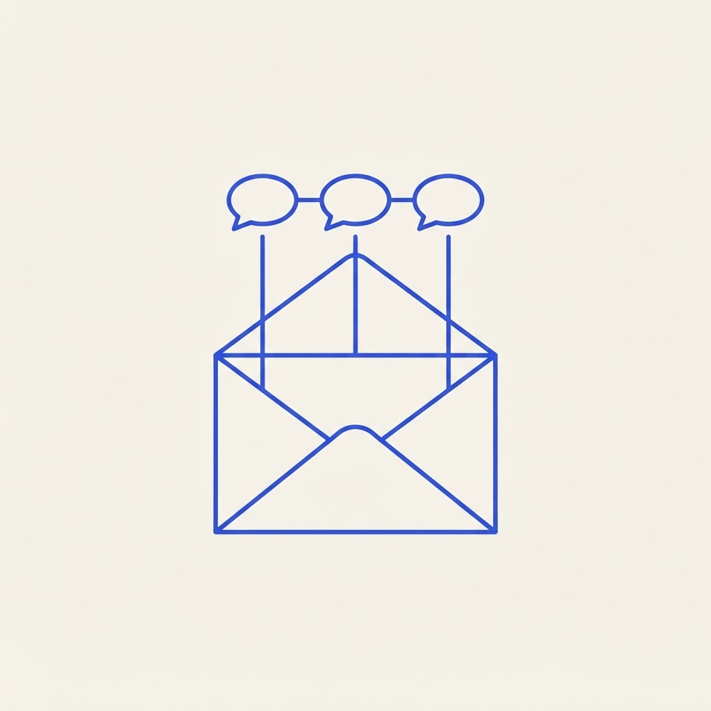 A minimalist illustration of an open envelope with threaded conversation bubbles above it, in blue line icons on a cream background.