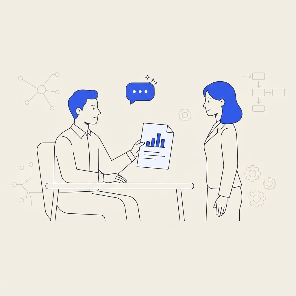 Illustration éditoriale minimaliste sur fond crème avec accents bleus montrant un analyste d'agence SEO présentant un rapport client clair à un client, avec une petite icône de bulle de discussion IA au-dessus du bureau, entourée de nœuds agents IA, d'organigrammes de flux de travail et d'engrenages d'automatisation, symbolisant comment les agences peuvent clairement rendre compte de la visibilité IA d'un client pour répondre à la question de savoir s'il apparaît dans ChatGPT et les autres assistants IA.