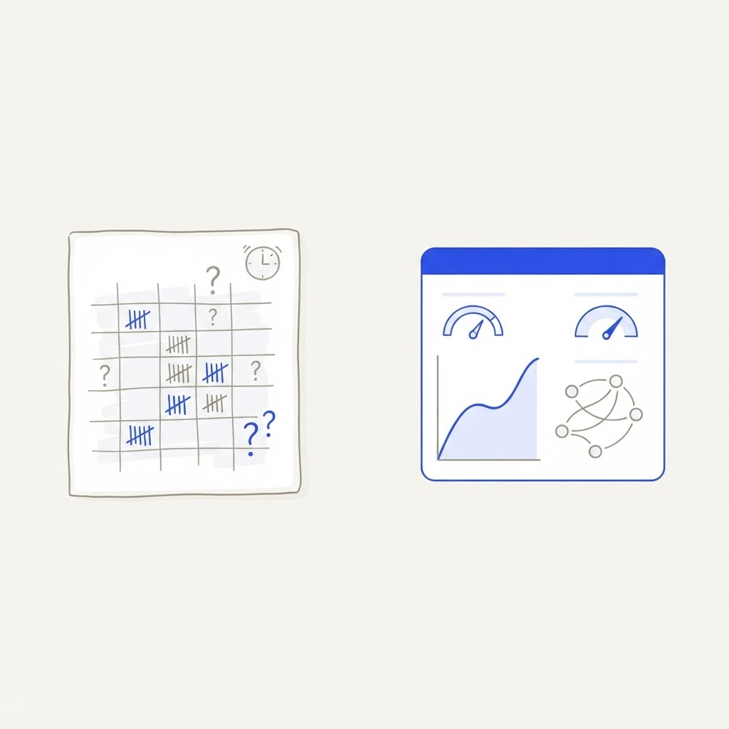 Illustration comparant un tableur manuscrit surchargé à gauche et un tableau de bord de visibilité IA épuré à droite, avec ses six nœuds d'assistants