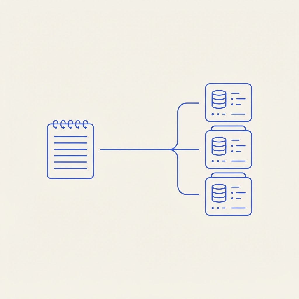 A minimalist illustration of a notebook page connected to stacked database cards, in blue line icons on a cream background.