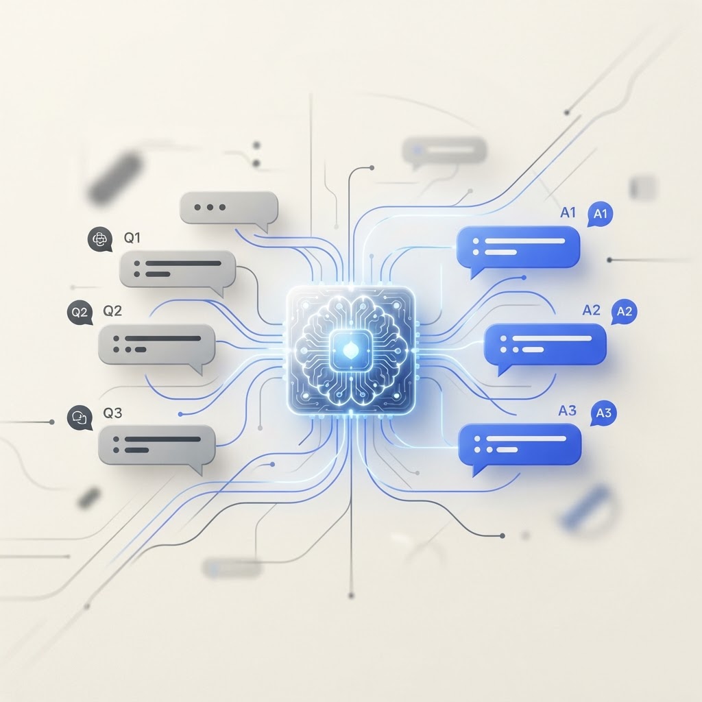 Créer un agent conversationnel utile — interface de chat avec bulles et nœud cérébral IA central sur fond crème.