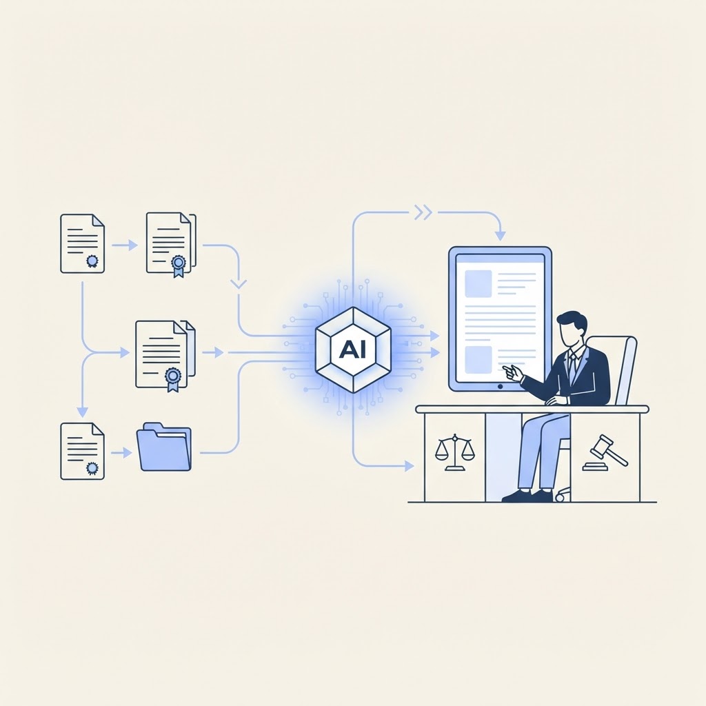 Minimalist editorial illustration of AI automation for legal services: legal documents, contracts, and case files flowing through an AI agent node to a human lawyer reviewer, symbolizing human-in-the-loop legal compliance review on a cream background with blue accents.
