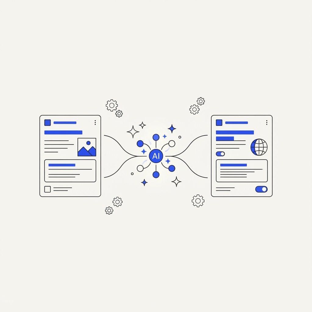 Illustration éditoriale : des nœuds d'IA avec des étincelles réécrivant une carte publicitaire, avec un globe de traduction et un interrupteur d'activation, sur fond crème avec des accents bleus