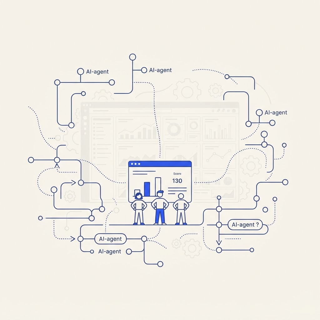 Minimalist editorial illustration on a cream background with blue linework showing a network of AI-agent nodes, workflow flowcharts, and automation gears, with a small lean team of simple human figures standing confidently in front of a clear visibility scorecard dashboard, while an oversized, overly complex enterprise dashboard fades into the background, symbolizing a right-sized AI visibility tool for a growing marketing team versus enterprise-bloated alternatives.