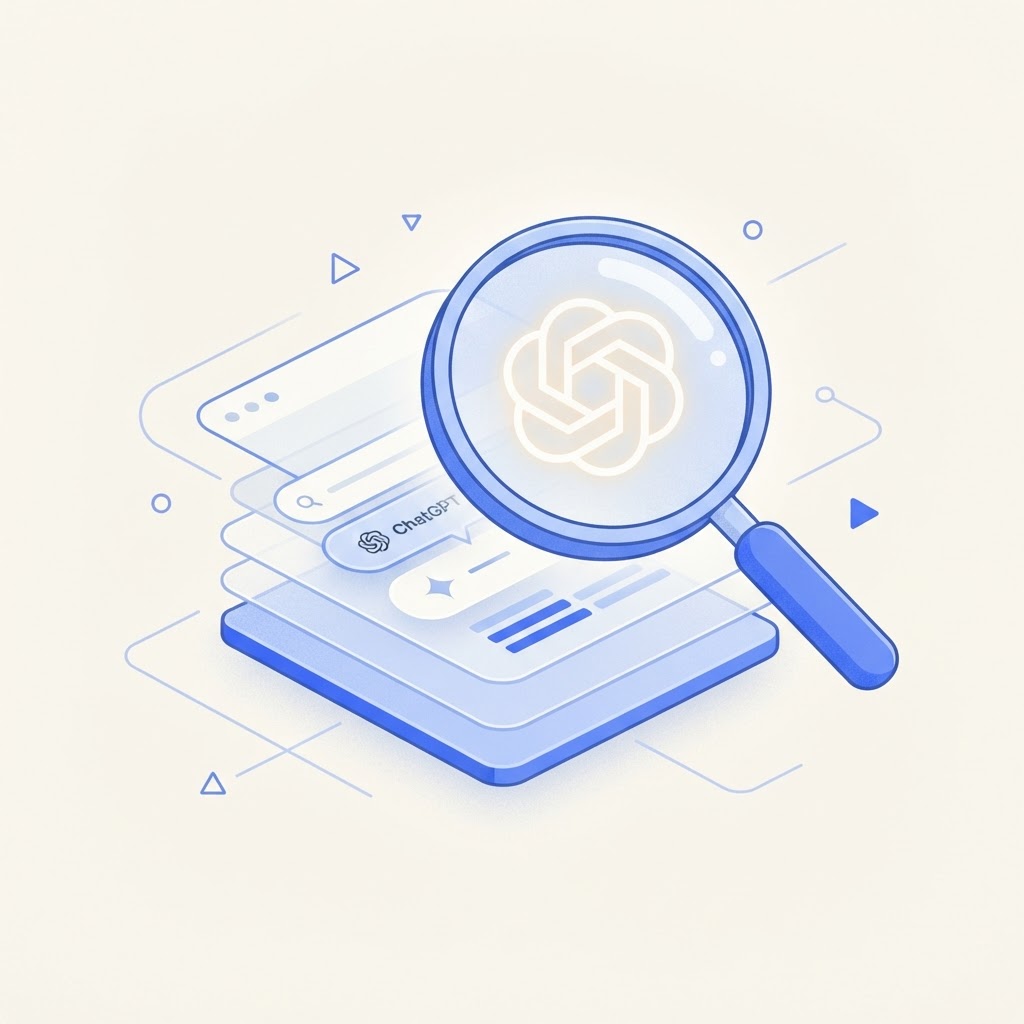 Editorial illustration of AI visibility for brands: a magnifying glass examining a brand outline emerging from stacked AI answer panels, with soft blue accents on a cream background. / Illustration éditoriale de la visibilité IA pour les marques : une loupe examinant un contour de marque émergeant de panneaux de réponses IA empilés, avec des accents bleus doux sur fond crème.