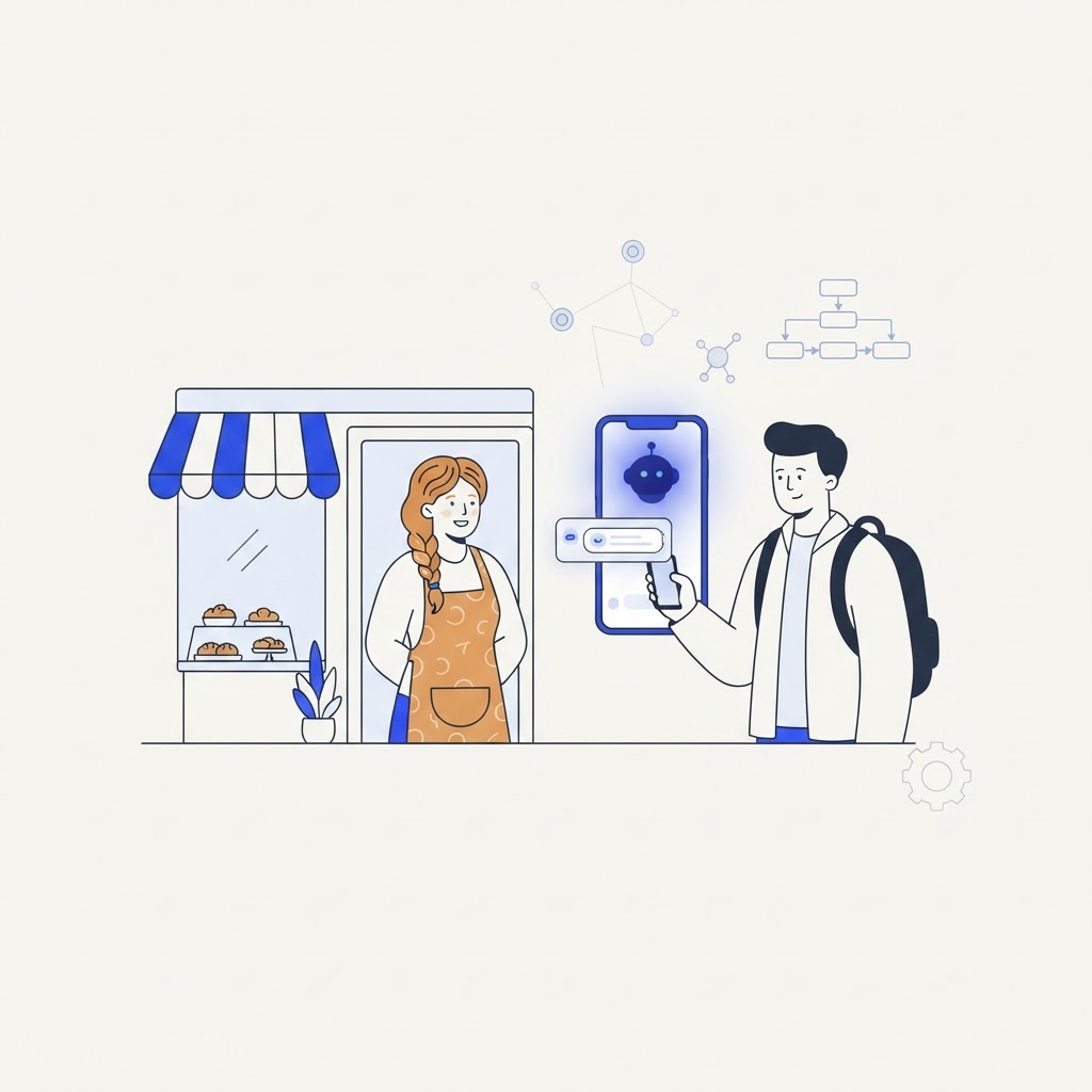 Un commerçant local devant sa boutique tandis que le téléphone d'un client affiche un assistant IA recommandant l'entreprise voisine, illustrant comment les commerces locaux apparaissent, ou non, dans les réponses des assistants IA.