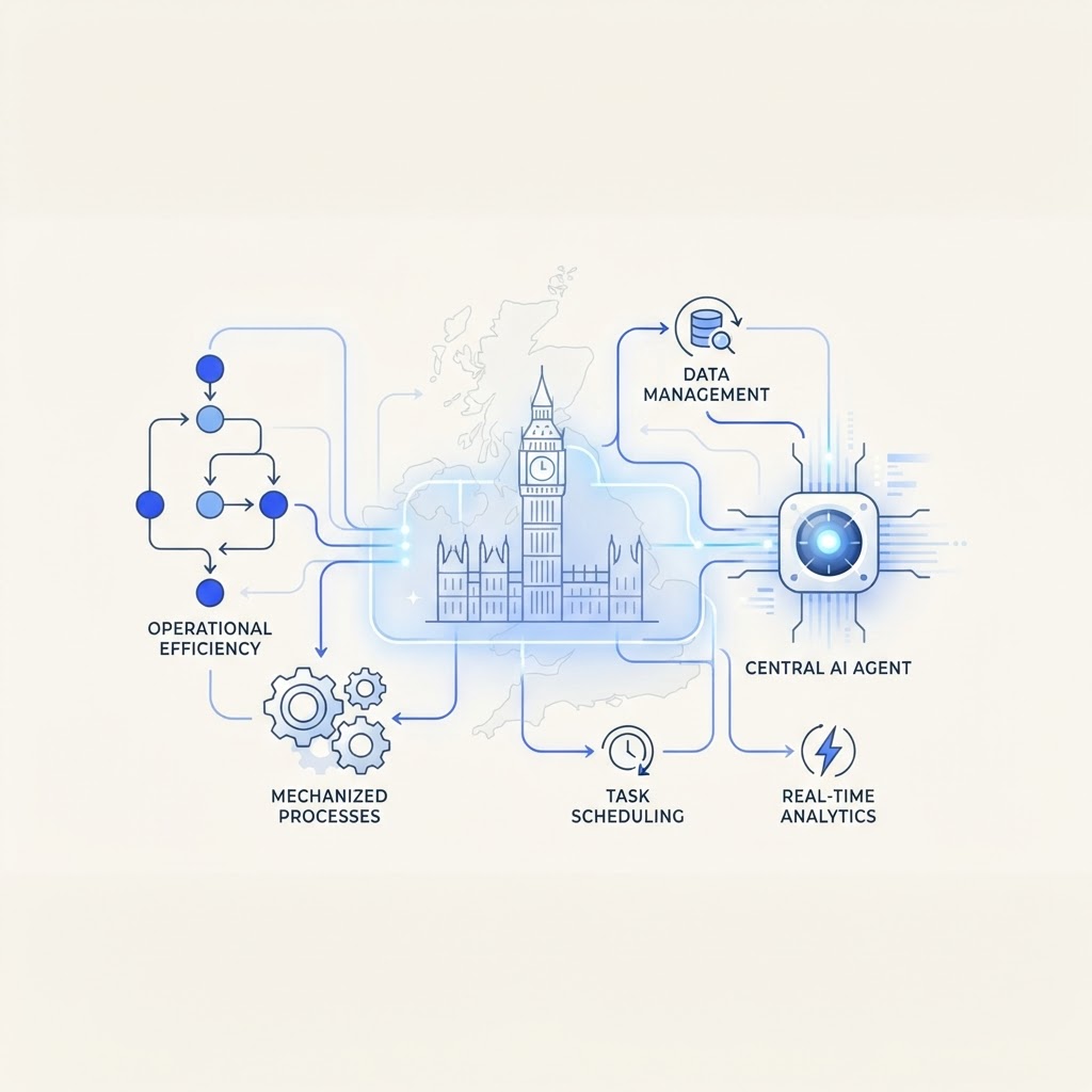 Minimalist editorial illustration of AI automation for the UK market: abstract British Isles outline and Big Ben silhouette connected to AI agent nodes, workflow flowcharts, and automation gears on a cream background with blue accents, symbolizing AI-driven business automation across the United Kingdom.