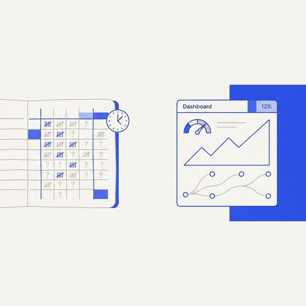 Illustration comparing a cluttered hand-kept spreadsheet on the left with a clean AI visibility dashboard and its six assistant nodes on the right