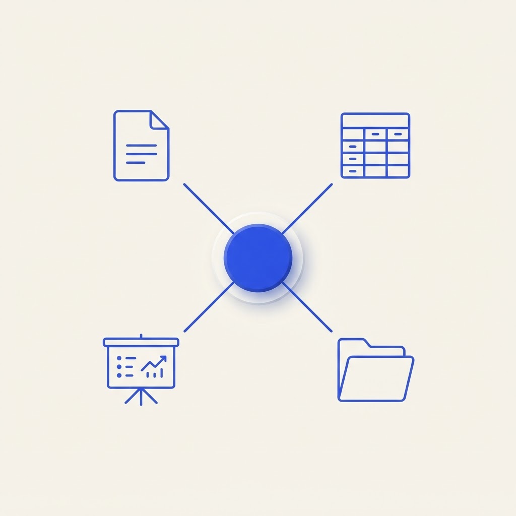 Illustration minimaliste de quatre icônes — document, feuille de calcul, diapositive et dossier — disposées autour d'un hub central, en bleu sur fond crème.