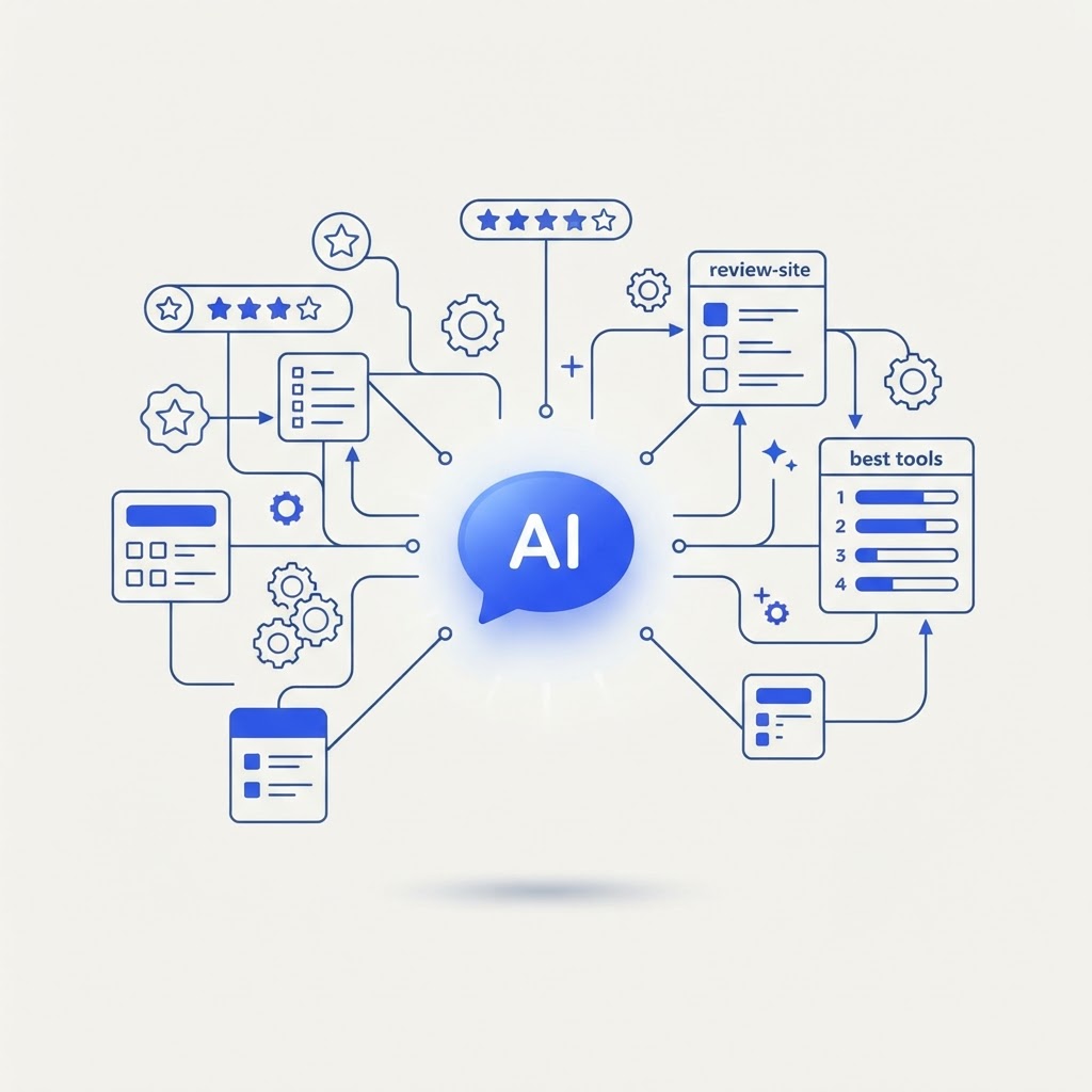 Illustration éditoriale de fiches de sites d'avis, d'étoiles de notation et d'un classement des meilleurs outils reliés par des lignes vers une bulle de réponse IA lumineuse, symbolisant comment les annuaires et comparatifs tiers alimentent les recommandations générées par l'IA.