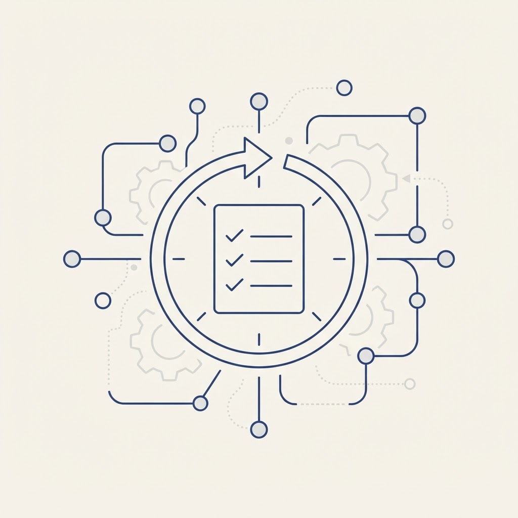 Minimalist editorial illustration on a cream background with blue linework showing a network of AI-agent nodes, workflow flowcharts, and automation gears, with a checklist encircled by a repeating clock-cycle arrow, symbolizing an ongoing, recurring AI visibility audit cadence rather than a one-time check.