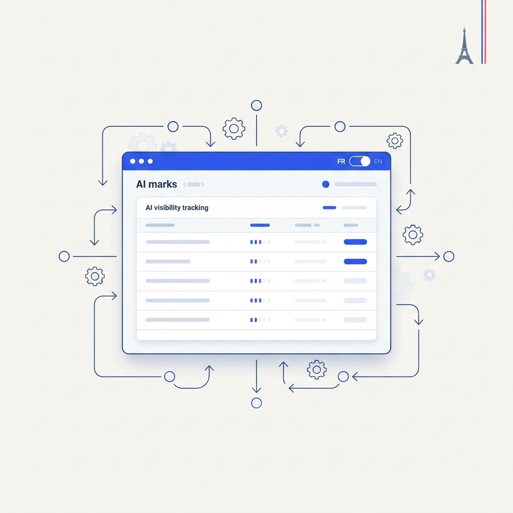 Editorial illustration of an AI visibility tracking dashboard with an English/French language toggle, framed by AI-agent nodes, workflow flowchart arrows, and automation gears, with a subtle French tricolore and Eiffel Tower accent symbolizing native French-language AI visibility tracking versus a merely translated dashboard.