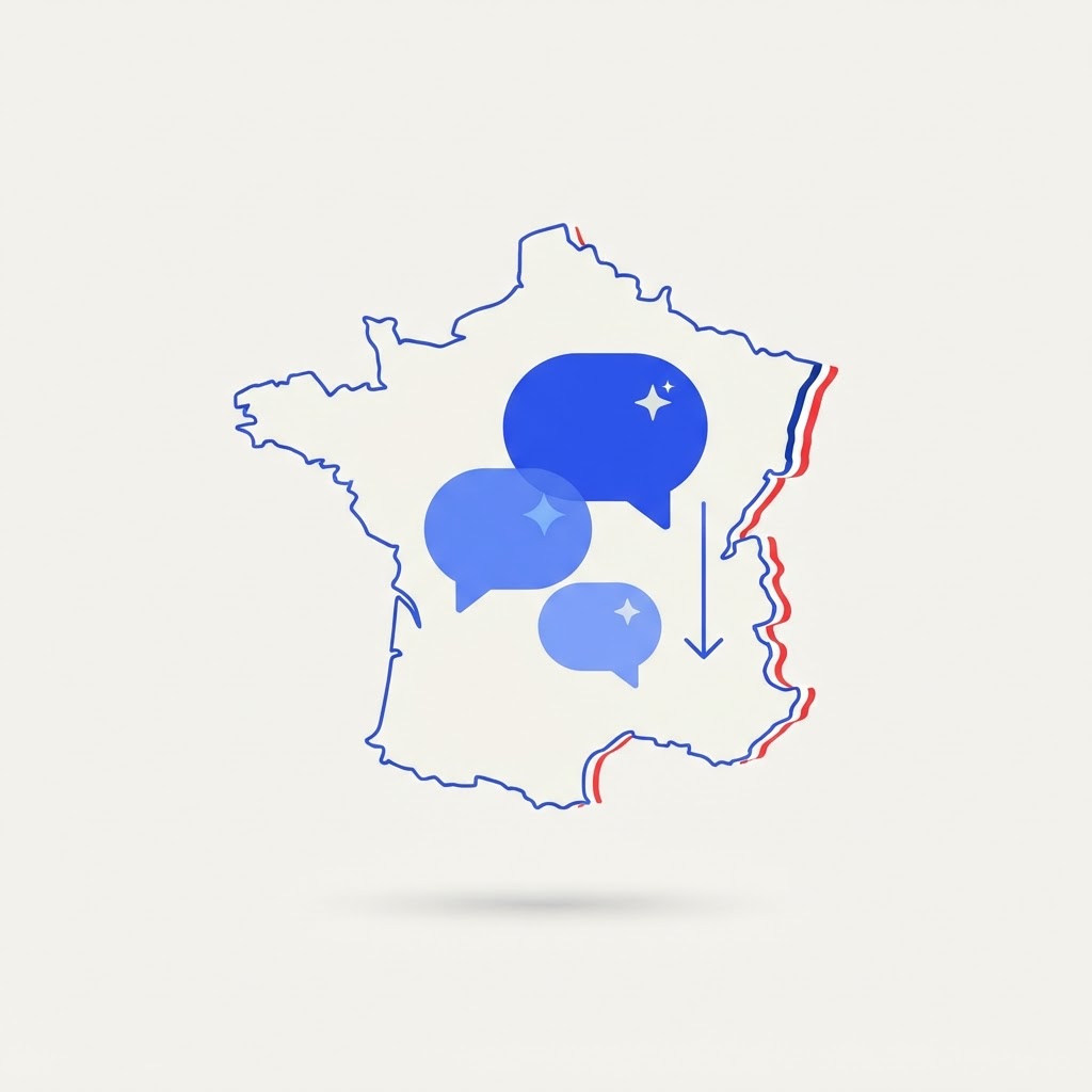 Illustration éditoriale d'une carte de France avec trois bulles de chat représentant les assistants IA, dimensionnées selon leur part d'usage : une grande bulle ChatGPT, une bulle moyenne Gemini et une petite bulle Le Chat / Mistral, organisées comme un classement de priorité de visibilité pour le marché français.