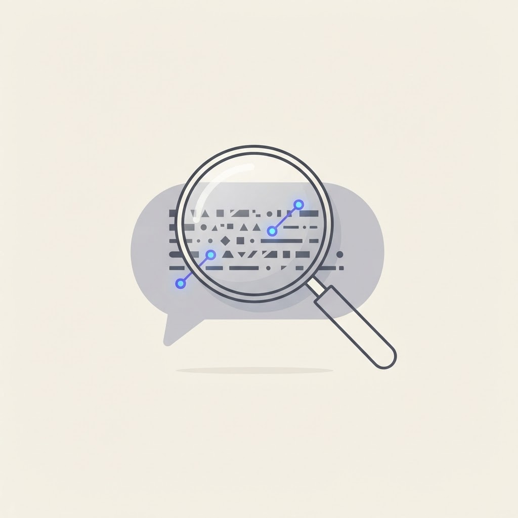 A minimalist editorial illustration on a cream background showing an abstract magnifying glass inspecting an AI chat bubble, with blue accent nodes symbolizing the audit of what AI assistants say about a brand. The clean vector graphic conveys brand visibility auditing without literal robot imagery.