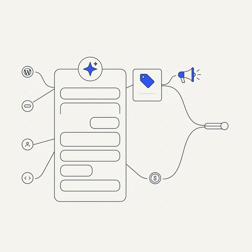Editorial illustration of earned and paid visibility in AI assistants: an answer panel and an ad slot side by side, connected by flow lines converging into one node, cream background with blue accents