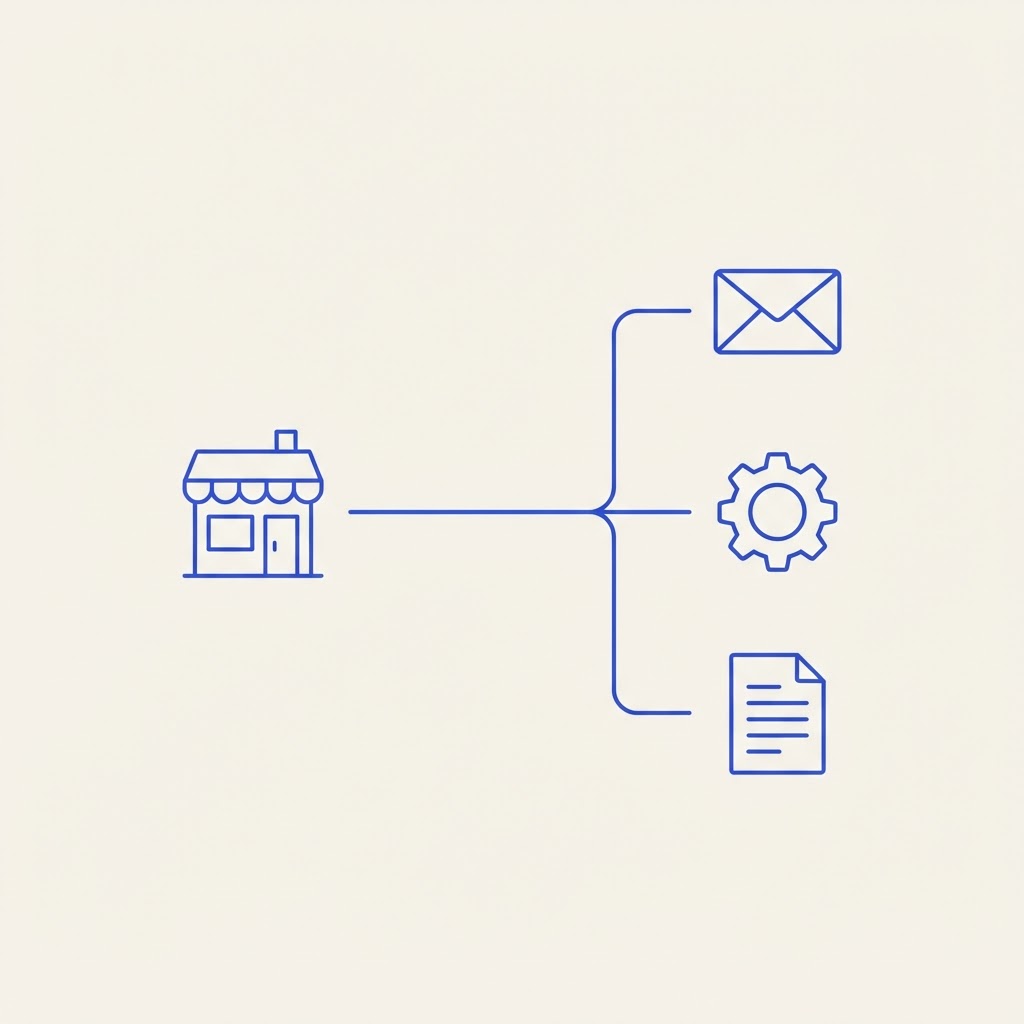 A minimalist illustration of a storefront icon connected by thin lines to workflow nodes — envelope, gear, and document — in blue line icons on a cream background.