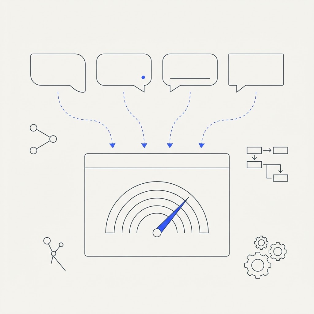 A minimalist editorial illustration on a cream background with blue accents showing four distinct AI-assistant chat-answer bubbles feeding through dashed arrows into a single tracking dashboard with a radar and gauge motif, surrounded by AI-agent nodes, workflow flowcharts, and automation gears, symbolizing monitoring brand visibility across multiple AI search engines in one unified view.