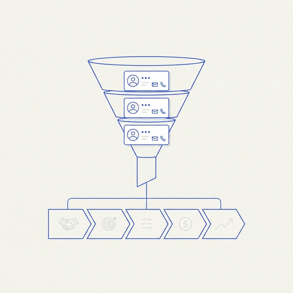 Illustration minimaliste d'un entonnoir de vente avec des fiches contact et un pipeline de deals, en icônes linéaires bleues sur fond crème.